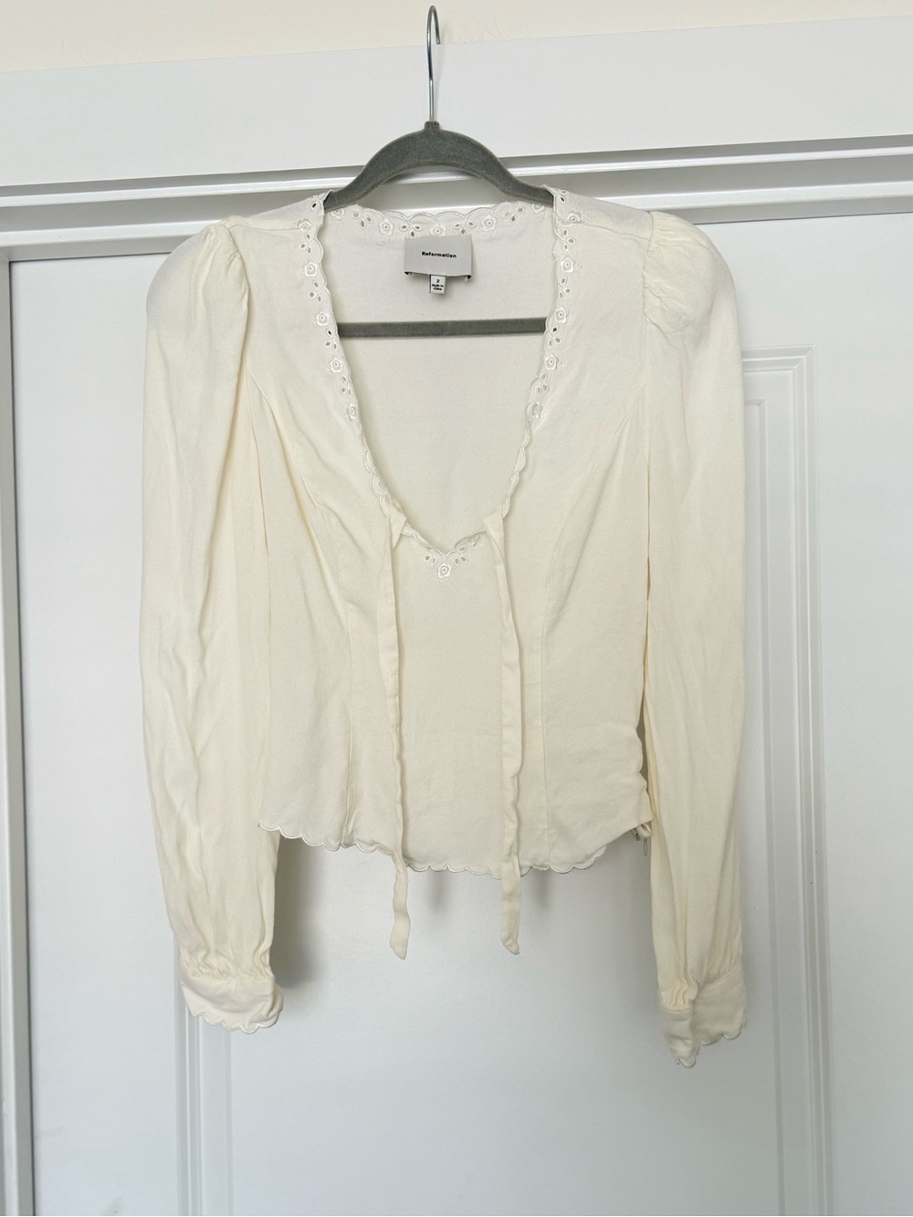 Reformation Ivory Scalloped Tie-Neck Blouse - Picture 4 of 8